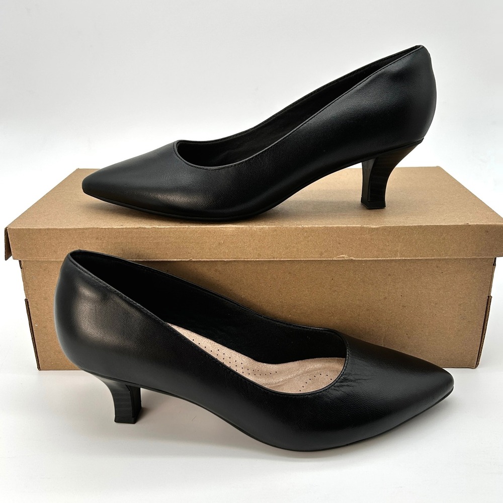 Clarks Kepley Vine Pumps Womens Size 9.5 W Black Leather Heels Comfort Foam NEW